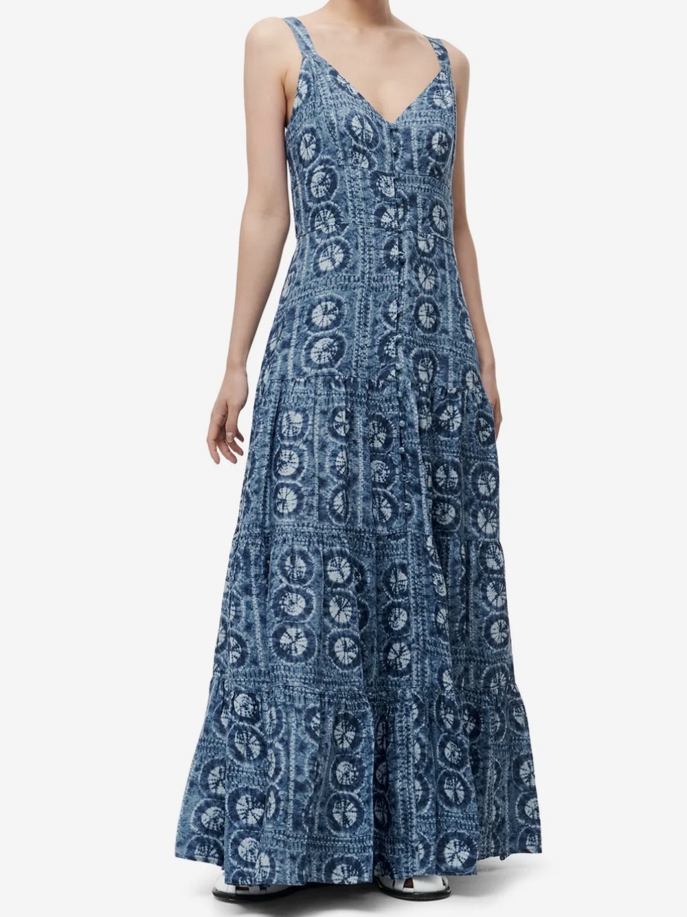 Ralph Lauren Linen Geo Print Maxi Dress Blue White Tiered A-Line Tie Die Size 12 - Picture 2 of 12